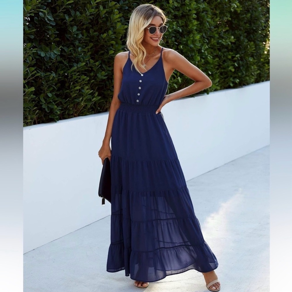 PrettyGarden button-front tiered blue maxi dress with adjustable straps